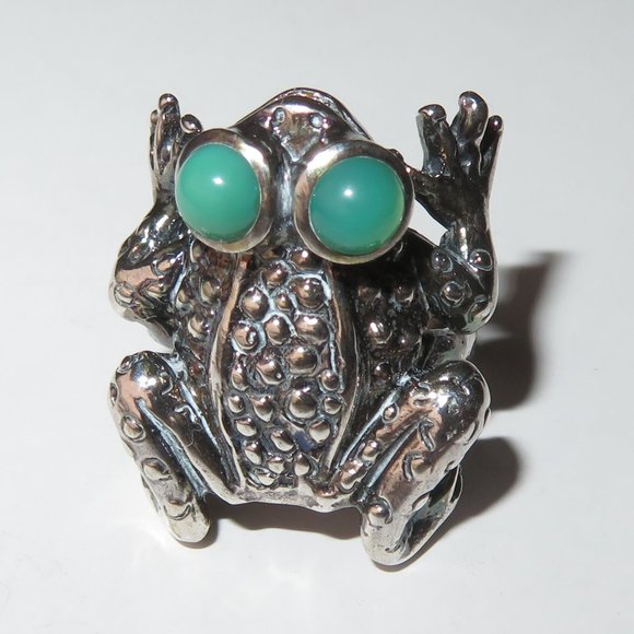 Large Textured Frog Sterling Silver Natural Chrysoprase Gem Eyes Cocktail Ring